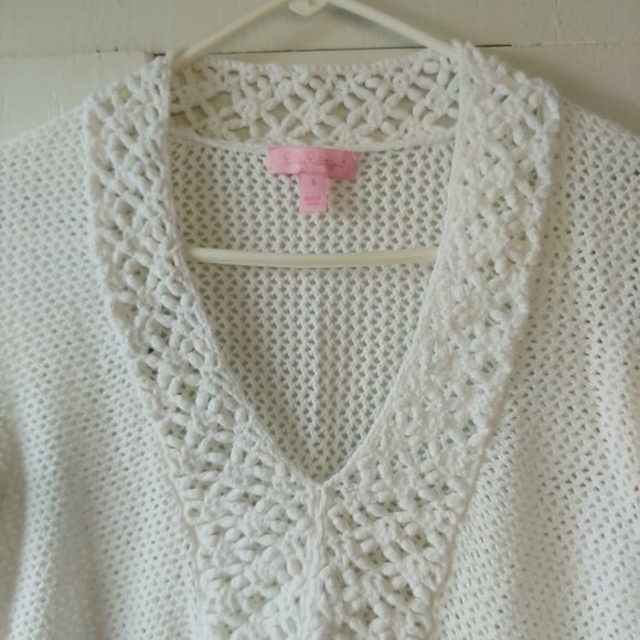 Lilly Pulitzer Long Sleeve Loose Knit Crochet V-neck Sweater White SZ S - Picture 3 of 10